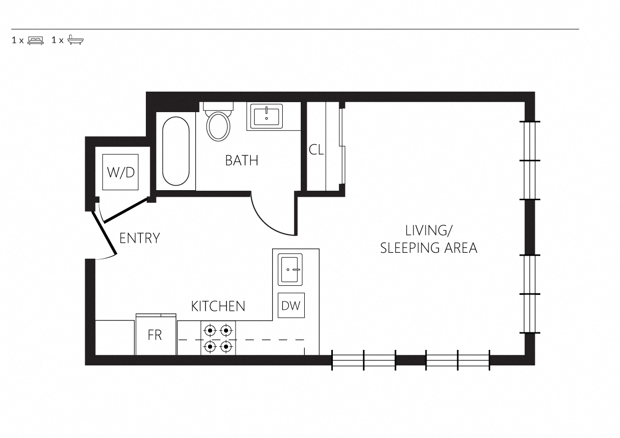 Floor plan for studio, 1 bath, 467 sqft